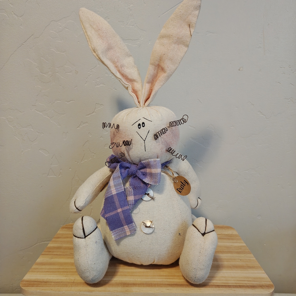 Honey And Me Handmade Cream Bunny Plush with Purple Plaid Bow "Rusty"